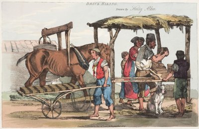 Brick Making, wyd. Thomas Mclean z Haymarket, 1824 (kolorowa akwaforta) autorstwa Henry Thomas Alken
