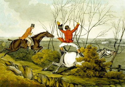 Przebijając się przez żywopłot, z „Wykwalifikowanych koni i niewykwalifikowanych jeźdźców” autorstwa Henry Thomas Alken
