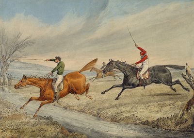 Gonitwa z przeszkodami: Trzech jeźdźców biorących potok (ołówek i toaleta na papierze) autorstwa Henry Thomas Alken