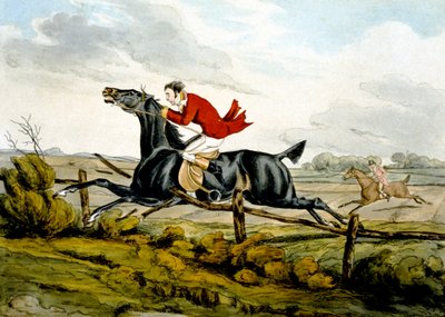 Prosto przez płot, z „Wykwalifikowane konie i niewykwalifikowani jeźdźcy” autorstwa Henry Thomas Alken