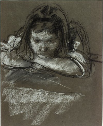 Głowa i ramiona dziewczyny przy stole (kreda na papierze) autorstwa Henry Tonks