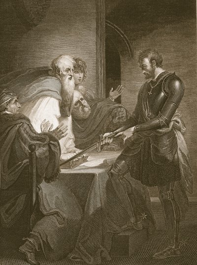 Hrabia Warenne uzasadniający tytuły własności swoich posiadłości, rycina J. Fittlera, ilustracja z "Historii Anglii" Davida Hume