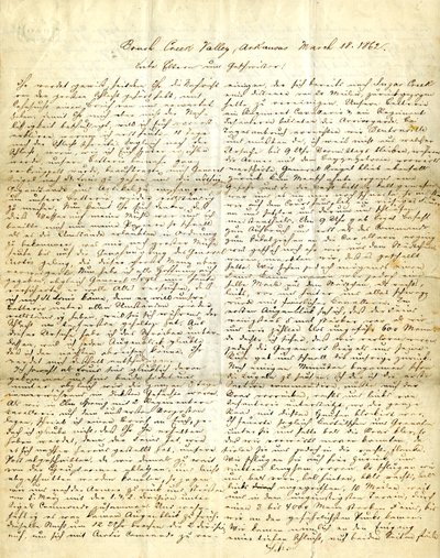 List podpisany Henry [Henry Voelkner], Brush Creek Valley, Arkansas, do rodziców, braci i sióstr, 18 marca 1862 autorstwa Henry Voelkner