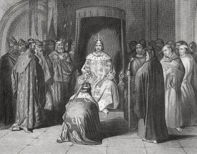 Król Ryszard II pasujący na rycerzy królów Connaught, Ulster, Thomond i Leinster w 1394 r., „Historia Irlandii” Thomasa Wrighta, opublikowana ok. 1854 r. autorstwa Henry Warren