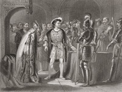 Lord Thomas Fitzgerald wyrzeka się wierności Henrykowi VIII w 1534 r., z „Historii Irlandii” Thomasa Wrighta, opublikowanej ok. 1854 r. autorstwa Henry Warren