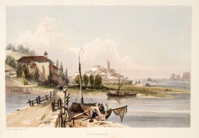 Fontarabia, z klasztorem i Mostem Capauchinos, ze Szkiców scenerii w baskijskich prowincjach Hiszpanii, z wyborem muzyki narodowej?, wyd. 1838 (grawerowanie ręcznie kolorowane) autorstwa Henry Wilkinson