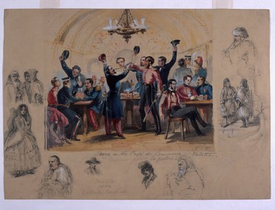 Scena w Cafe du Commerce Valetta, „Umierając za ojczyznę”, Malta, 1854 (wc i ołówek na papierze) autorstwa Henry Wilkinson