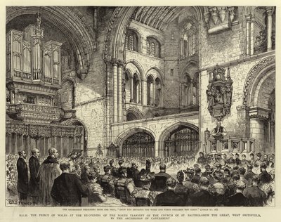 Jego Wysokość Książę Walii podczas ponownego otwarcia północnego transeptu kościoła św. Bartłomieja Wielkiego w West Smithfield przez arcybiskupa Canterbury autorstwa Henry William Brewer