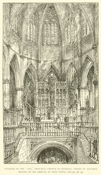 Wnętrze głównego kościoła „Seo” w Manresa, w którym modlił się św. Ignacy po przybyciu do tego miasta (rycina) autorstwa Henry William Brewer