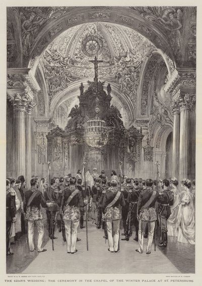 Wesele cara, ceremonia w kaplicy Pałacu Zimowego w Petersburgu autorstwa Henry William Brewer