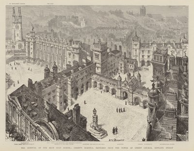 Usunięcie Szkoły Błękitnych Płaszczy, Szpital Chrystusa, szkicowane z wieży Kościoła Chrystusa, Newgate Street autorstwa Henry William Brewer