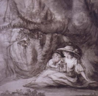 Siedząca kobieta i dziecko z ptakiem w klatce (rysunek) autorstwa Henry William Bunbury