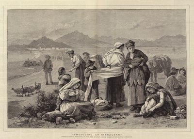 Przemyt na Gibraltarze, Contrabandistas przygotowujący się do przejścia przez hiszpański urząd celny po opuszczeniu Gibraltaru autorstwa Henry Woods
