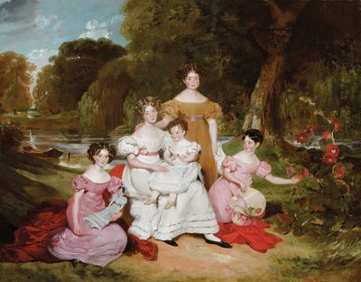 Portret grupowy rodziny Ward Hunt na tle krajobrazu przed rzeką autorstwa Henry Wyatt