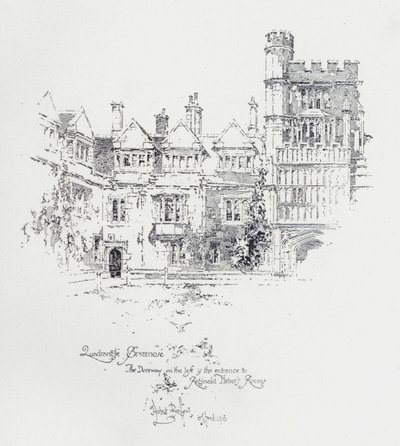 Brasenose College, Oxford, ukazujący wejście do pokoi angielskiego duchownego i pisarza Reginalda Hebera (litografia) autorstwa Herbert (after) Railton