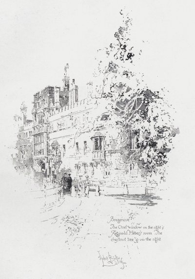 Brasenose College w Oksfordzie, ukazujący pokój angielskiego duchownego i pisarza Reginalda Hebera (lito) autorstwa Herbert (after) Railton