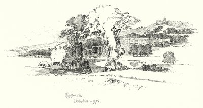 Chatsworth, Derbyshire, w 1775 roku (lito) autorstwa Herbert (after) Railton