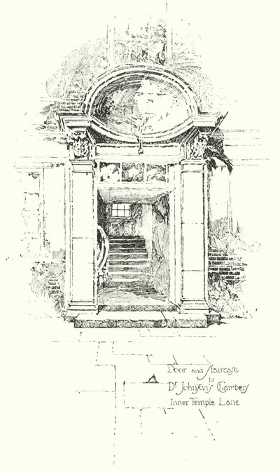 Drzwi i schody do komnat dr Johnsona, Inner Temple Lane, Londyn (lito) autorstwa Herbert (after) Railton