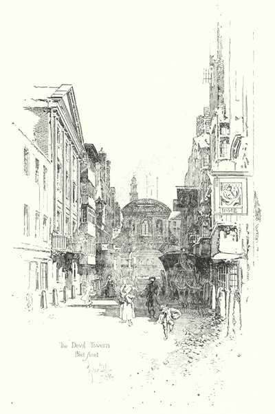The Devil Tavern, Fleet Street, w czasach Dr Johnsona (lito) autorstwa Herbert (after) Railton
