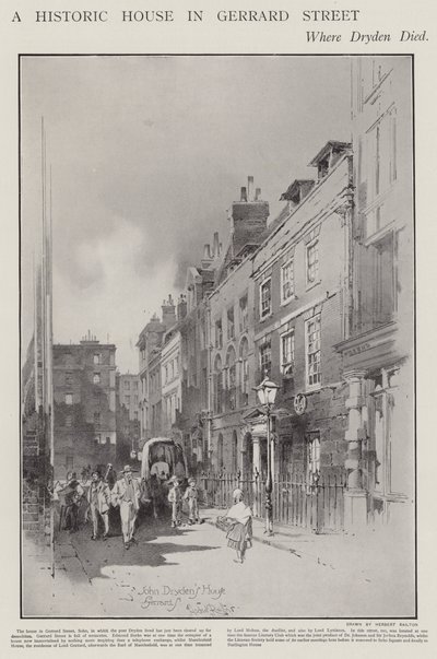 Dom przy Gerrard Street w Londynie, w którym w 1700 roku zmarł poeta John Dryden (lito) autorstwa Herbert (after) Railton