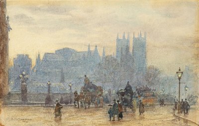 Opactwo Westminsterskie z Mostu Westminsterskiego 1892 (akwarela) autorstwa Herbert Menzies Marshall