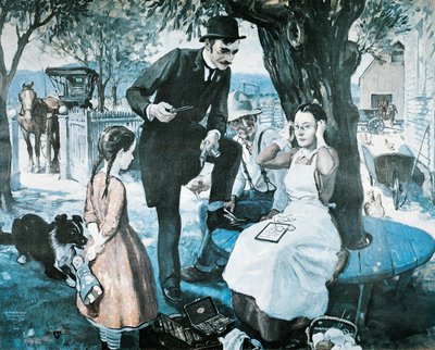 Sprzedawca spektakli pod koniec XIX wieku reklamujący American Optical Company autorstwa Herbert Morton Stoops
