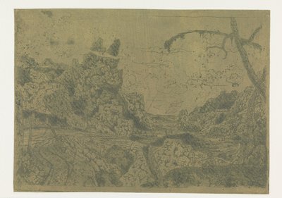 Górska dolina, po prawej mężczyzna niosący kij autorstwa Hercules Segers