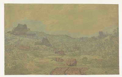 Dolina z rzeką i miasto z czterema wieżami autorstwa Hercules Segers