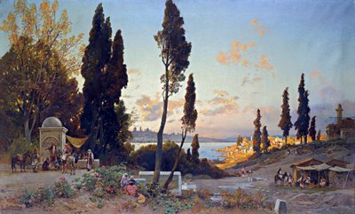 Vue du Bosphore a Constantinople - Peinture de Hermann David Salomon Corrodi (1844-1905), orientalizm - Widoki na Bosfor, Konstantynopol - Olej na płótnie Hermanna Davida Salomona Corrodi (1844-1905) - 100x166,5 cm - Kolekcja prywatna autorstwa Herman David Salomon Corrodi
