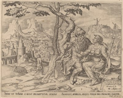 Juda składa Tamar przysięgę autorstwa Herman Jansz Muller after Maerten van Heemskerck