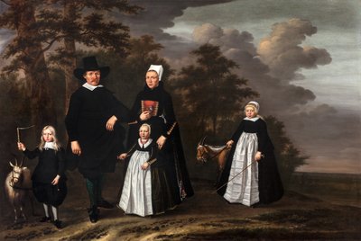 Grupa rodziny Enkhuizen z dwiema kozami w zalesionym krajobrazie autorstwa Herman Mijnerts Doncker