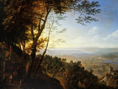 Zalesiony pejzaż z chłopami przy chacie (olej na desce) autorstwa Herman the Younger Saftleven