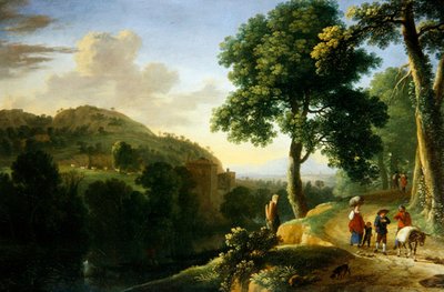 Pejzaż włoski z podróżnikami i osłem, ok. 1640 (olej na płótnie) autorstwa Herman van Swanevelt