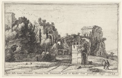 Widok na Termy Karakalli Parte delle terme Antoniano (tytuł na obiekcie) Strona tytułowa i dwanaście widoków Rzymu i okolic (tytuł serii) Diverse veuës dedans et dehors de Rome (tytuł serii) autorstwa Herman van Swanevelt