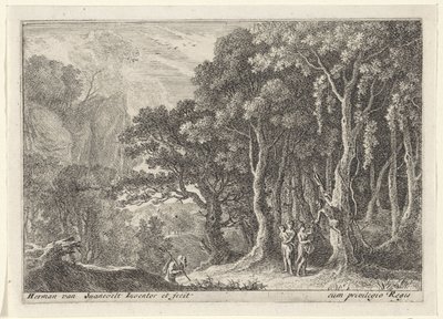 Satyr zbiera owoce Pejzaże z satyrami (tytuł serii) autorstwa Herman van Swanevelt