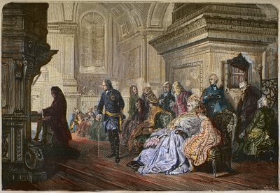 Król pruski Fryderyk II Wielki (1712-1786) słucha grającego na dworze kompozytora Jana Sebastiana Bacha, rycina wg obrazu Kaulbacha - Fryderyk II Wielki, król pruski, słucha Jana Sebastiana Bacha przy organach, Sanssouci autorstwa Hermann Kaulbach