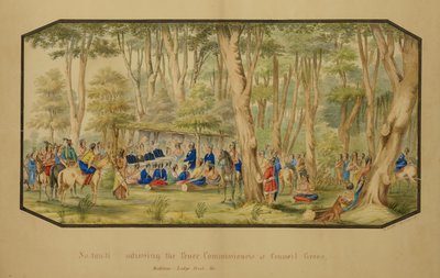 Sa-tan-ti przemawia do komisarzy pokoju w Council Grove, Medicine Lodge Creek autorstwa Hermann Stieffel