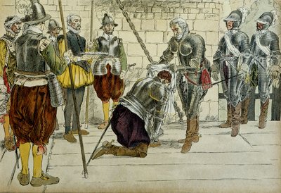 Karol II Cosse Brissac (Cosse-Brissac) (1562-1621 lub 1626) został marszałkiem Francji przez Henryka IV (1553-1610) przed wkroczeniem do Paryża 22 marca 1594 roku. Stojący obok przewładca kupców Jean Lhuillier (?) trzyma klucze miasta. Ilustracja 1907 autorstwa Hermann Vogel