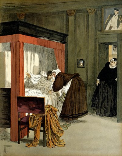 Karol IX (1550-1574), król Francji, umiera ze swoją pielęgniarką. Ilustracja Hermanna Vogla (1856-1918) w „”Henri IV”” autorstwa Hermann Vogel