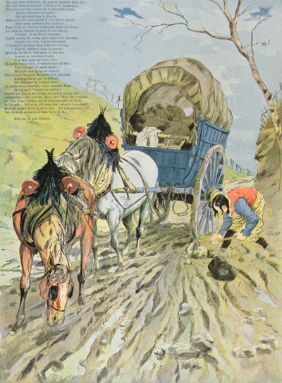 Wóz utknął w błocie, z Bajek Jeana de La Fontaine (1621-95) 1888 (kolor grawerowany) autorstwa Hermann Vogel
