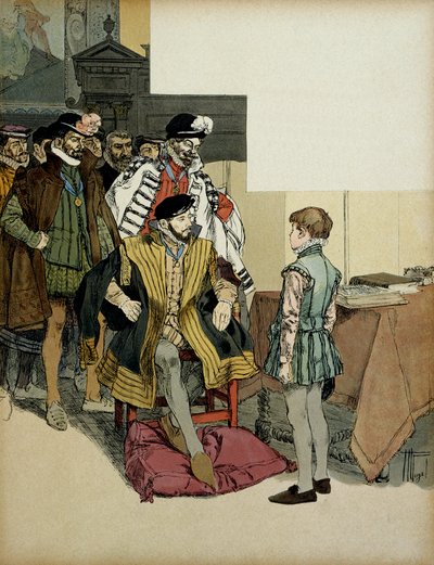 Król Francji Henryk II (1519-1559) w otoczeniu swoich dżentelmenów lubi kwestionować Henryka IV (1553-1610) jako dziecko o jego powroty. Ilustracja Hermanna Vogla (1856-1918) w „”Henri IV”” autorstwa Hermann Vogel