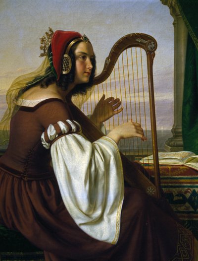 Muzyka na harfę, Hermann Von Hanstein (1809-1878), olej na płótnie. Niemcy autorstwa Hermann Von Hanstein