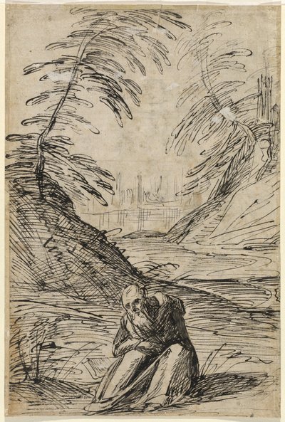 Pustynny krajobraz z pustelnikiem (verso) autorstwa Hermann Weyer
