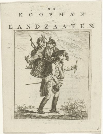 Arkusz piosenki i kreskówka z żołnierzami Karykatura o Willemie V Kupiec w Landzaaten (tytuł na przedmiocie) autorstwa Hermanus Fock