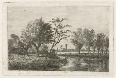 Rzeka z wędkarzem w łódce autorstwa Hermanus Jan Hendrik van Rijkelijkhuysen