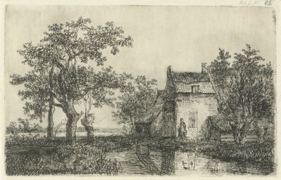 Kobieta z koszem przed domem na wodzie autorstwa Hermanus Jan Hendrik van Rijkelijkhuysen