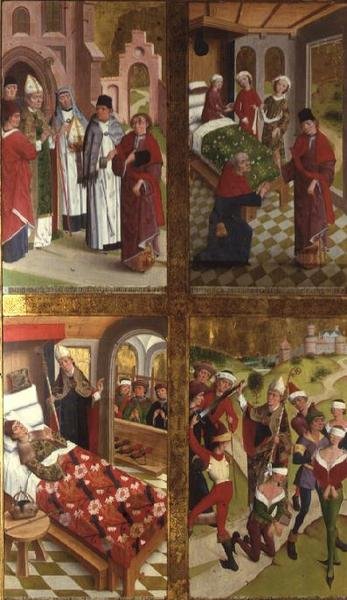 Sceny z życia św. Mikołaja z części wewnętrznej lewego skrzydła zewnętrznego dawnego ołtarza głównego w kościele św. Mikołaja autorstwa Hermen Rode