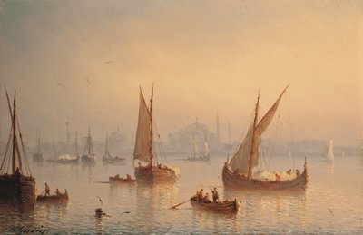 Statki na Bosforze, za nim meczet Hagia Sophia (olej na panelu) autorstwa Herminie or Henriette (fl.1849 53) Gudin