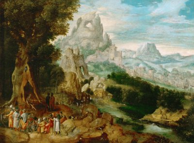 Paysage avec Saint Jean Baptiste prechant - Krajobraz z przepowiadaniem św. Jana Chrzciciela, autorstwa Herri met de Bles (Henri Bles) (1510-1550). Olej na drewnie, ok. 1535-1540. Wymiar : 29x39 cm. Muzeum Historii Sztuki, Wiedeń autorstwa Herri met de (c.1510 p.1550) Bles