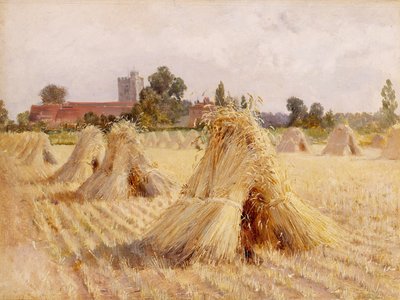 Stogi kukurydzy przy kościele w Bray, 1872 (olej na papierze położony na desce) autorstwa Heywood Hardy